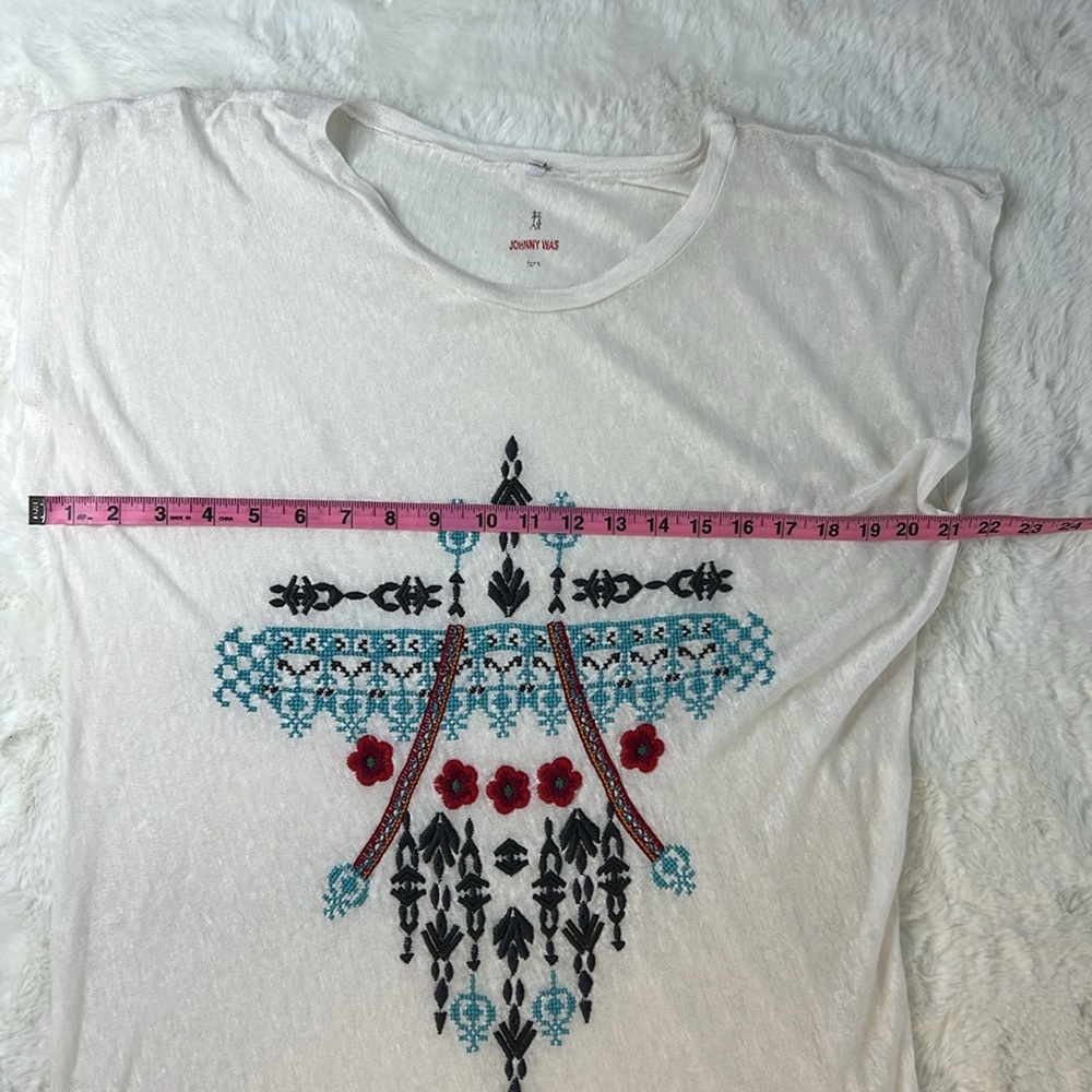 JOHNNY WAS Linen Midi Shirt Dress Cover Up Sheer Embroidery Loose Beach S READ - Picture 10 of 16
